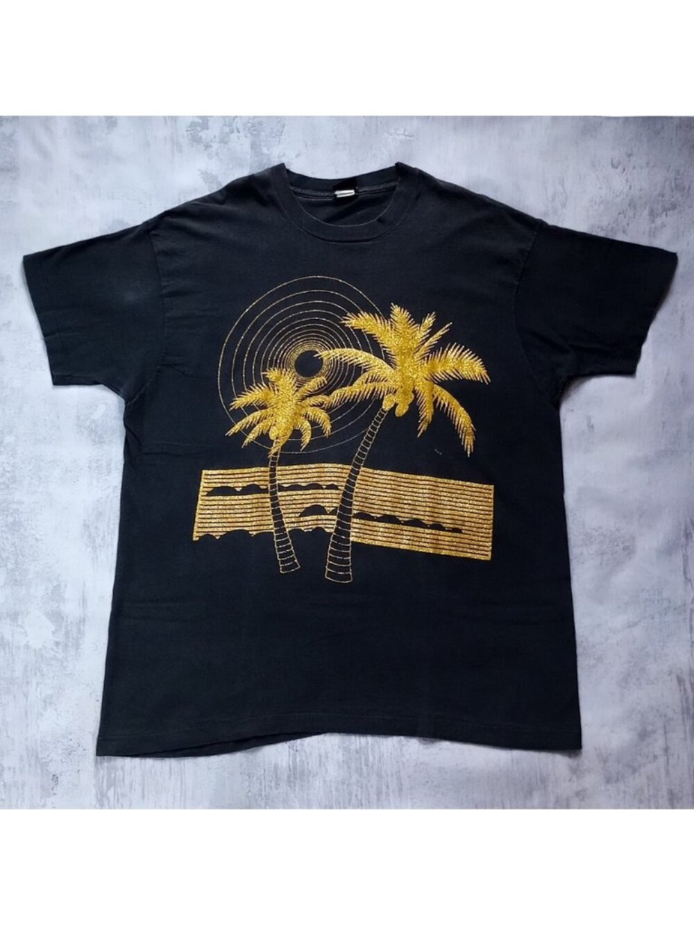 Vintage 90s Diamond Dust tropical Sunset GOLD Graphic Single Stitch T-Shirt